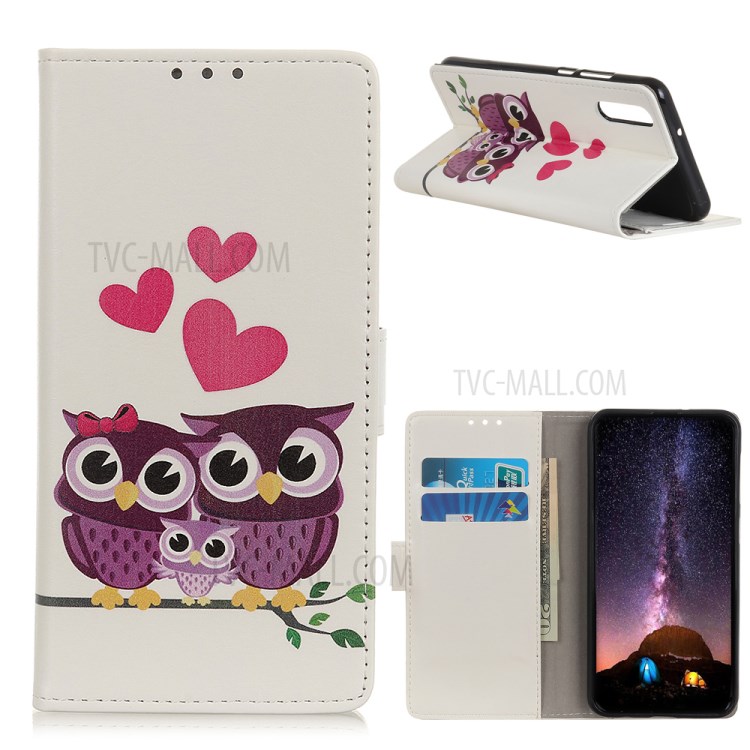 Pattern Printing Leather Wallet Case for Huawei Enjoy 10 / Y7 (2020) - Owls and Hearts-1