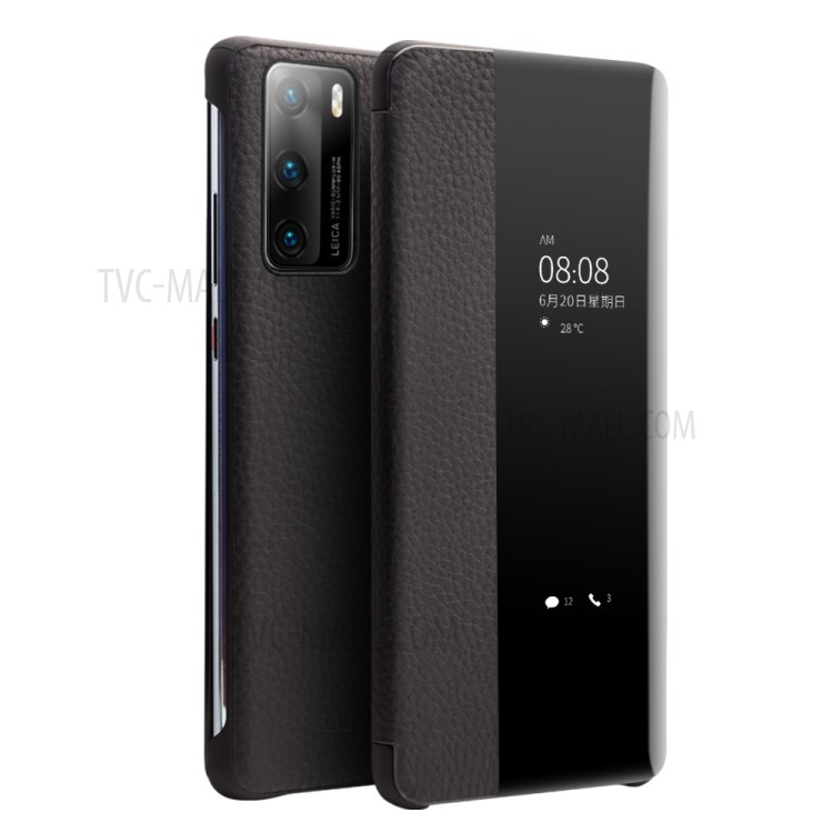 QIALINO Litchi Texture Genuine Leather Phone Shell with View Window Case for Huawei P40 - Black-1