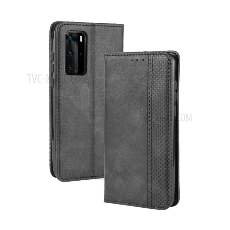 Wallet Stand Auto-absorbed Retro PU Leather Phone Casing for Huawei P40 Pro - Black-1