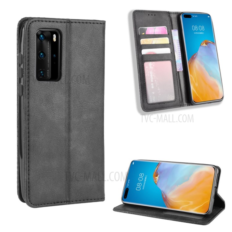 Wallet Stand Auto-absorbed Retro PU Leather Phone Casing for Huawei P40 Pro - Black-8