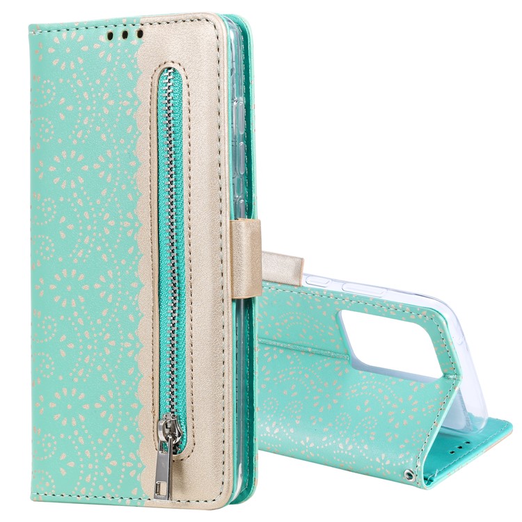 Lace Flower Zipper Pocket Leather Case for Huawei P40 Pro - Green-1