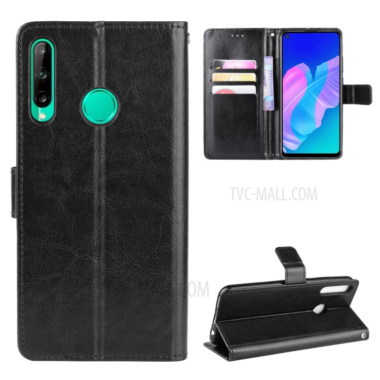 Crazy Horse Skin with Wallet Leather Stand Case for Huawei P40 lite E/Y7p - Black-1