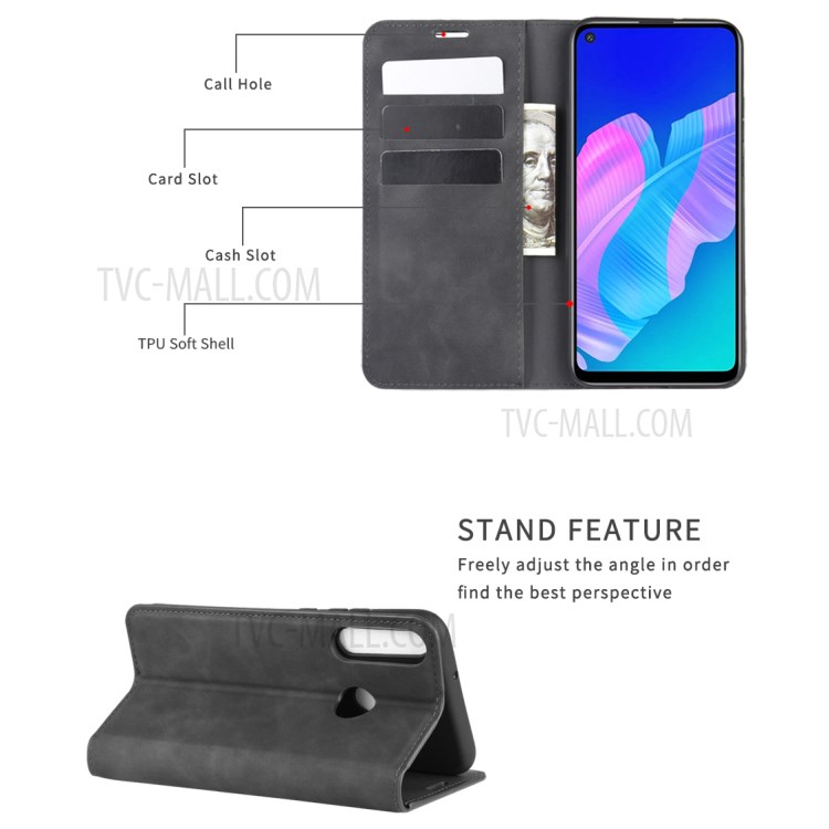 Silky Touch Leather Wallet Stand Case for Huawei P40 lite E / Y7p - Black-2