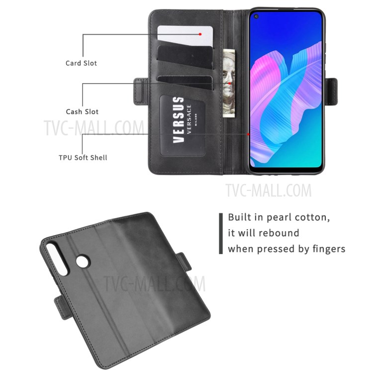 Double Clasp Flip Leather Cover for Huawei P40 lite E/Y7p - Black-5