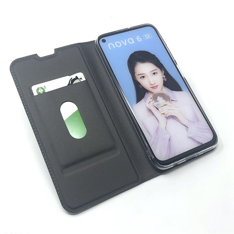 Soporte de Adsorción Magnética Case de Tarjetas de Cuero Para Huawei P40 Lite/nova 7i/nova 6 SE - Negro