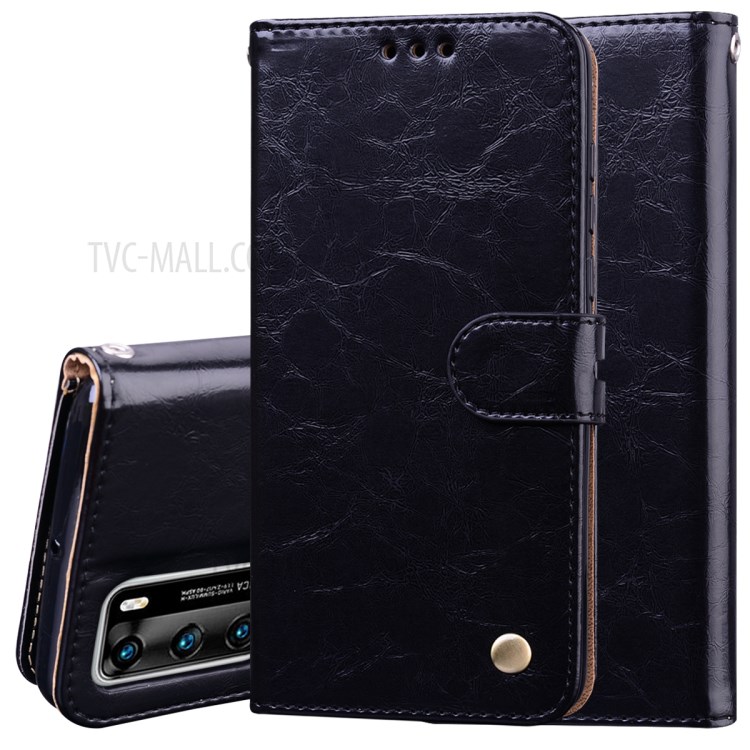 Oil Wax PU Leather Wallet Stand Business Style Mobile Phone Cover for Huawei P40 - Black-1