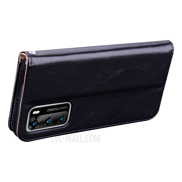 Oil Wax PU Leather Wallet Stand Business Style Mobile Phone Cover for Huawei P40 - Black-4