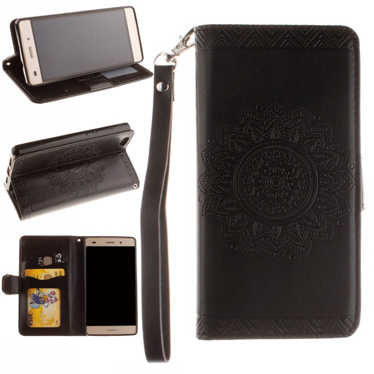 Embossed Floral Leather Wallet Stand Case for Huawei Ascend P8 Lite - Black-1
