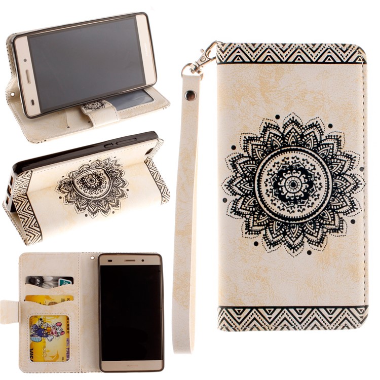 Embossed Floral Leather Wallet Stand Cover for Huawei Ascend P8 Lite - Beige-1