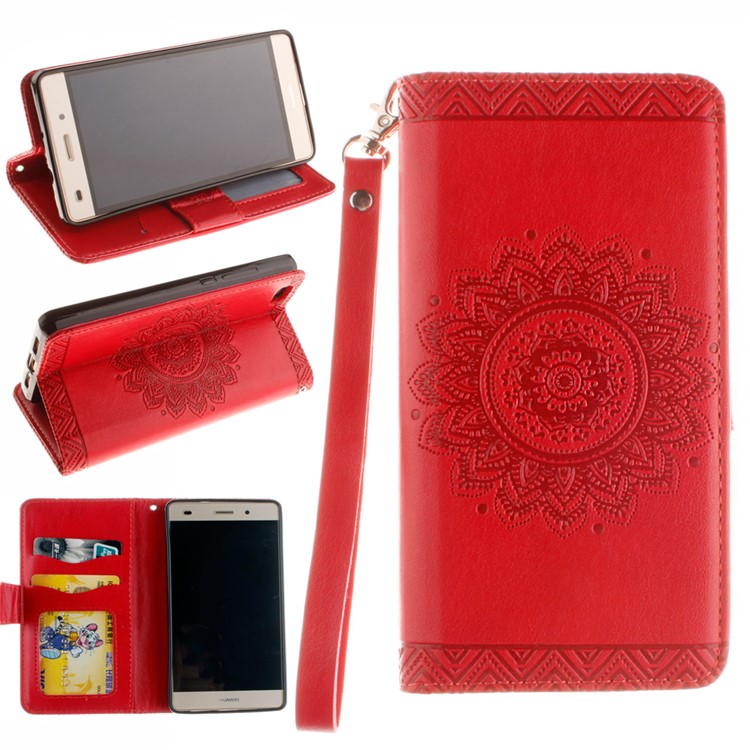 Embossed Floral Leather Wallet Stand Shell for Huawei Ascend P8 Lite - Red-1