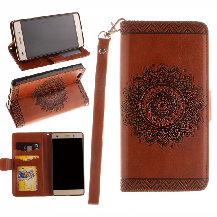 Embossed Floral Leather Wallet Phone Cover for Huawei Ascend P8 Lite - Brown-1