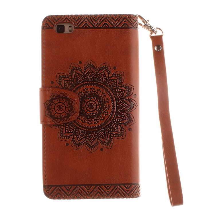 Embossed Floral Leather Wallet Phone Cover for Huawei Ascend P8 Lite - Brown-3