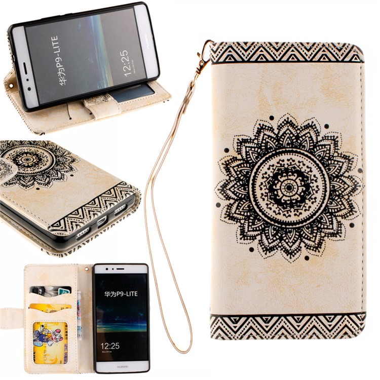 Embossed Mandala Flower Leather Cover with Wrist Strap for Huawei P9 Lite/G9 Lite - Beige-1