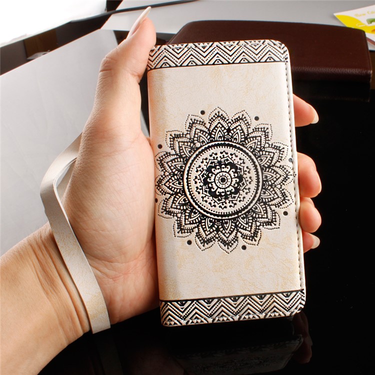 Embossed Mandala Flower Leather Cover with Wrist Strap for Huawei P9 Lite/G9 Lite - Beige-14