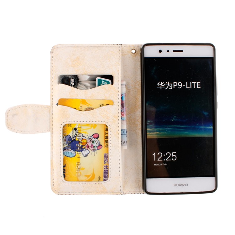 Embossed Mandala Flower Leather Cover with Wrist Strap for Huawei P9 Lite/G9 Lite - Beige-7