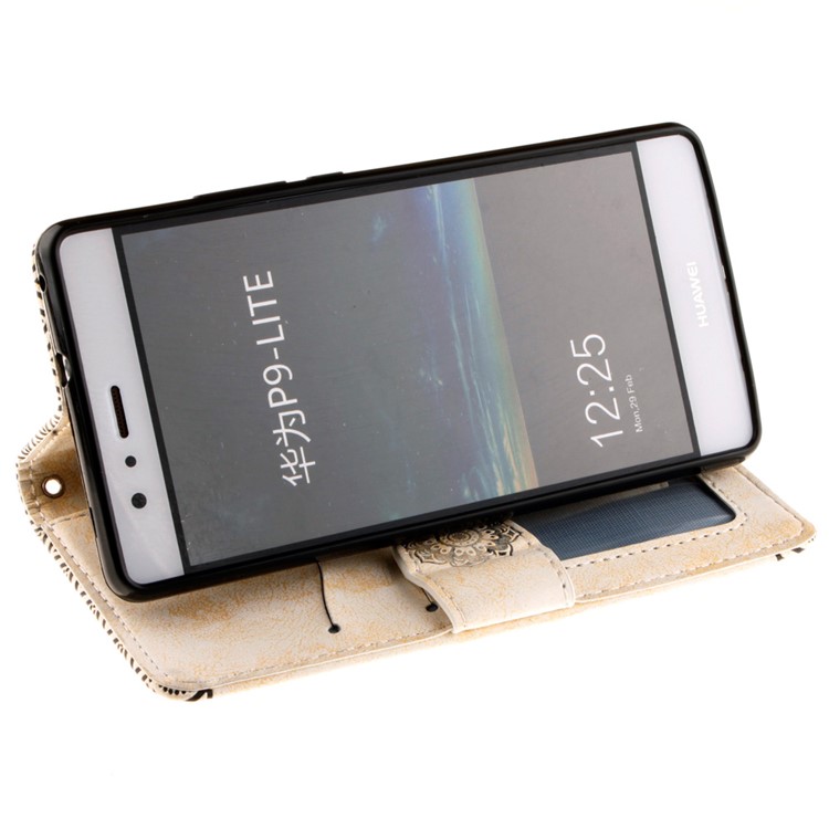 Embossed Mandala Flower Leather Cover with Wrist Strap for Huawei P9 Lite/G9 Lite - Beige-9