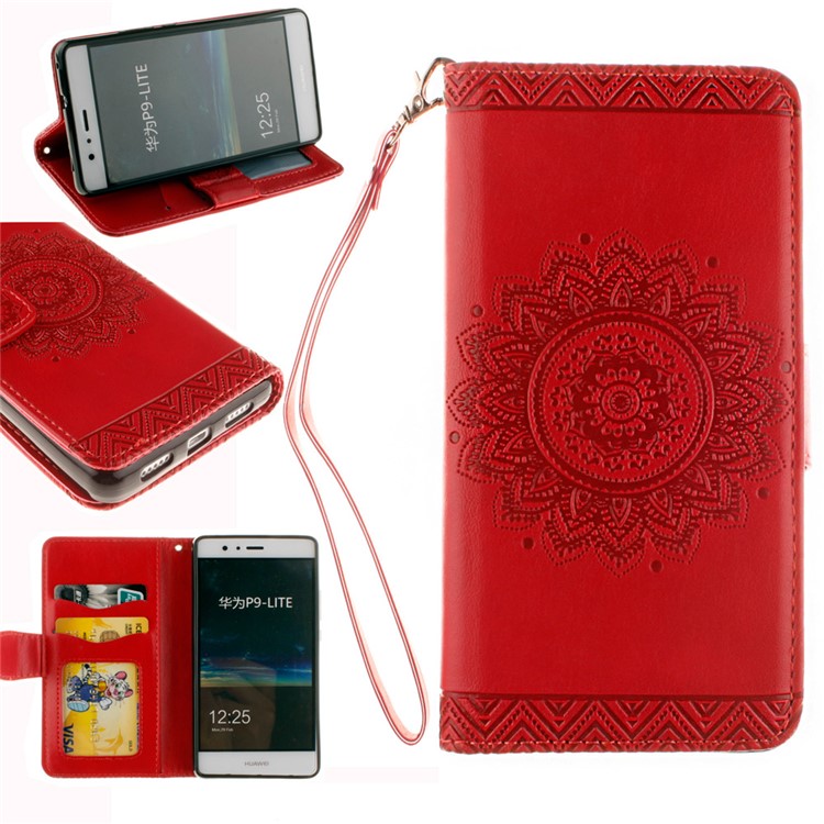 Embossed Mandala Flower Stand Leather Cover for Huawei P9 Lite/G9 Lite - Red-1