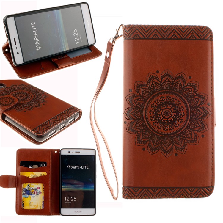 Embossed Mandala Flower Leather Card Slot Case for Huawei P9 Lite/G9 Lite - Brown-1