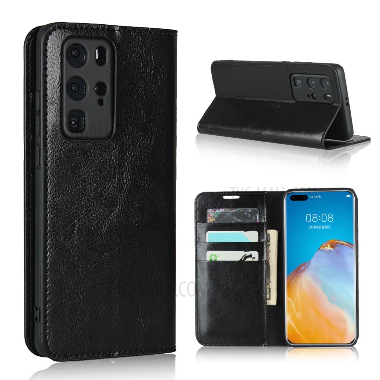 Crazy Horse Surface Wallet Stand Genuine Leather Cover for Huawei P40 Pro - Black-1