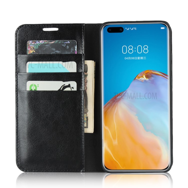 Crazy Horse Surface Wallet Stand Genuine Leather Cover for Huawei P40 Pro - Black-4