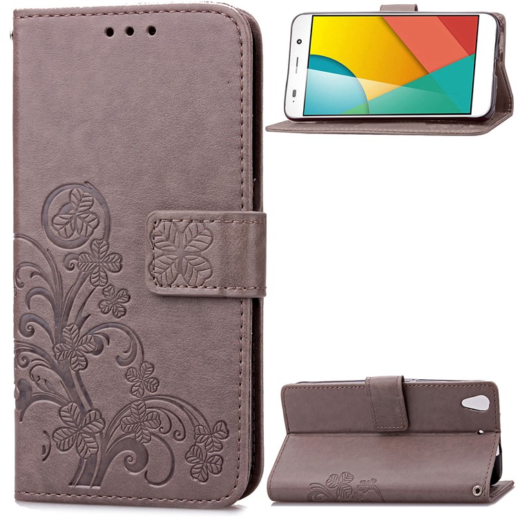 Imprinted Four-leaf Clovers Leather Stand Cover for Huawei Honor 4A / Y6 - Grey-1