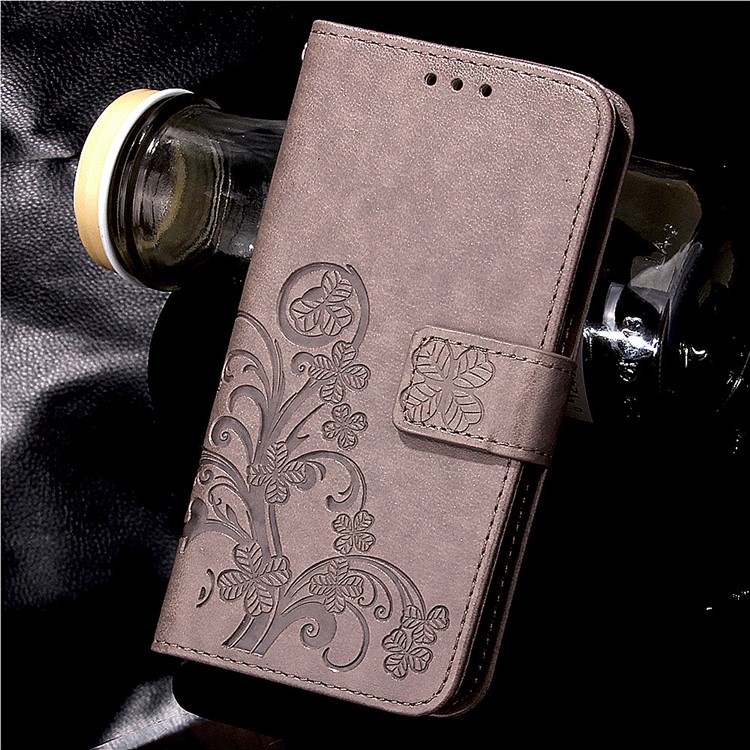 Imprinted Four-leaf Clovers Leather Stand Cover for Huawei Honor 4A / Y6 - Grey-9