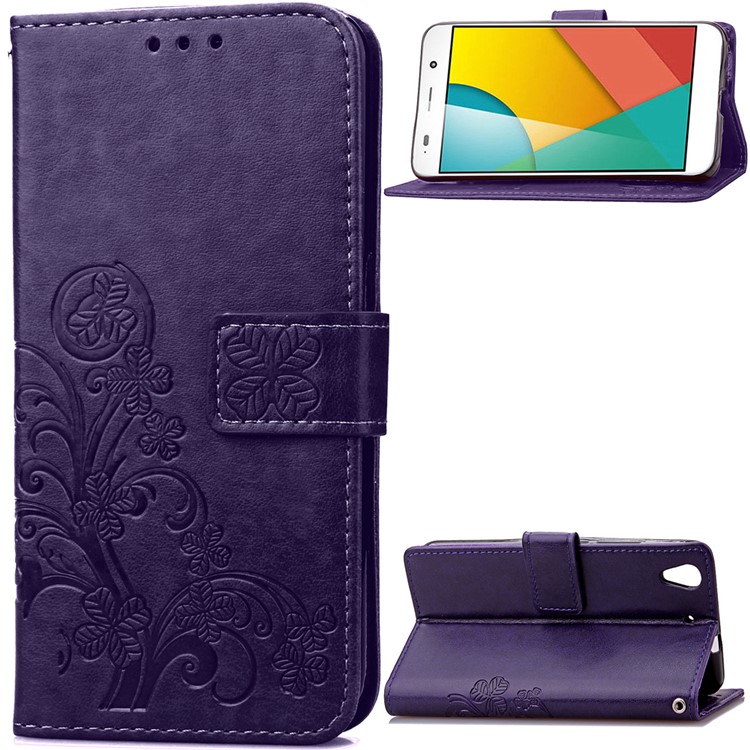 Imprinted Four-leaf Clovers Leather Wallt Case for Huawei Honor 4A / Y6 - Purple-1