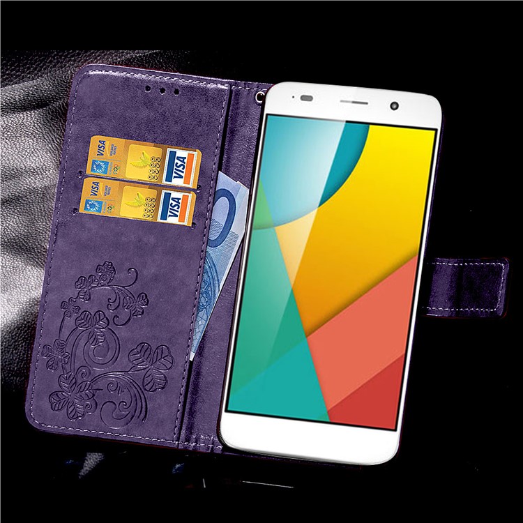 Imprinted Four-leaf Clovers Leather Wallt Case for Huawei Honor 4A / Y6 - Purple-11
