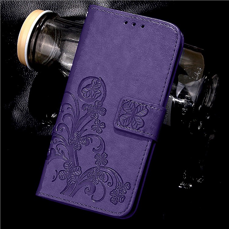 Imprinted Four-leaf Clovers Leather Wallt Case for Huawei Honor 4A / Y6 - Purple-9