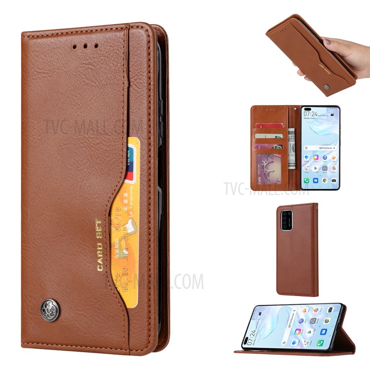 Auto-absorbed PU Leather Wallet Case for Huawei P40 Pro - Brown-1