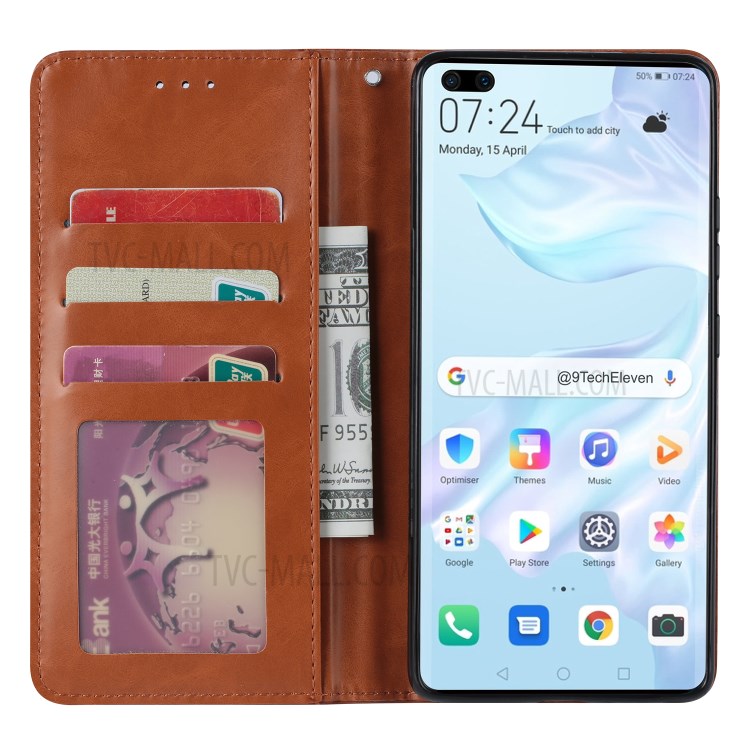 Auto-absorbed PU Leather Wallet Case for Huawei P40 Pro - Brown-5
