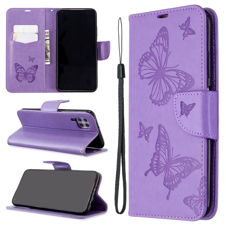 Imprint Butterflies Wallet Stand Flip Leather Phone Shell for Huawei P40 LITE/Nova 6 SE/Nova 7i - Purple-1