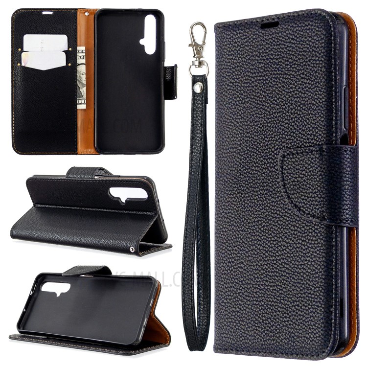 Litchi Skin Wallet Leather Stand Case for Huawei Honor 20s (Global Edition) - Black-1