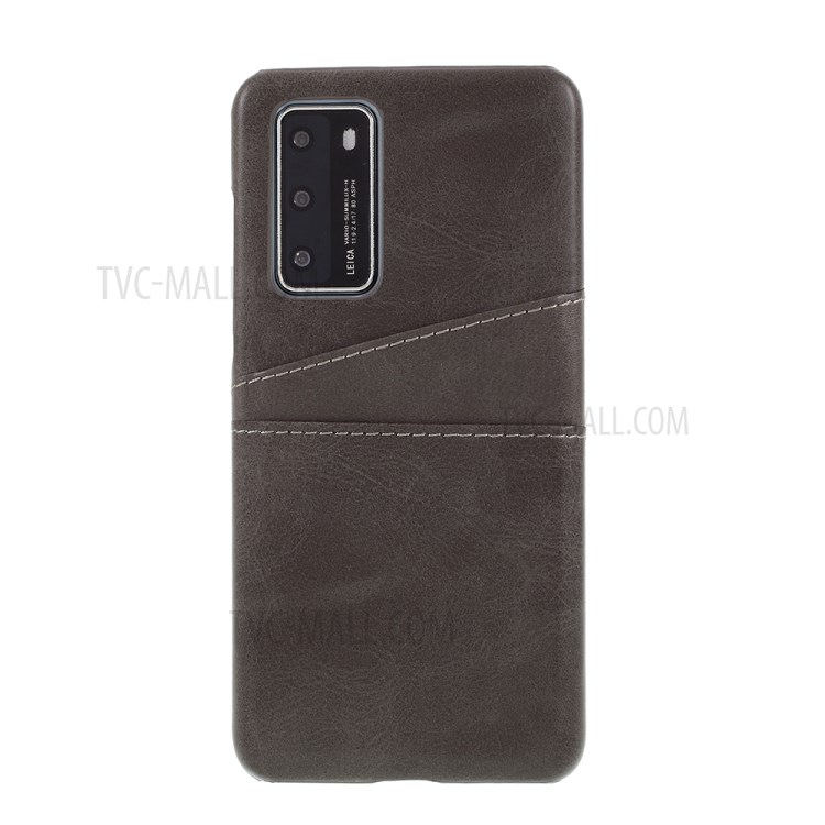 Double Card Slots PU Leather Coated PC Shell Case for Huawei P40 - Grey-1