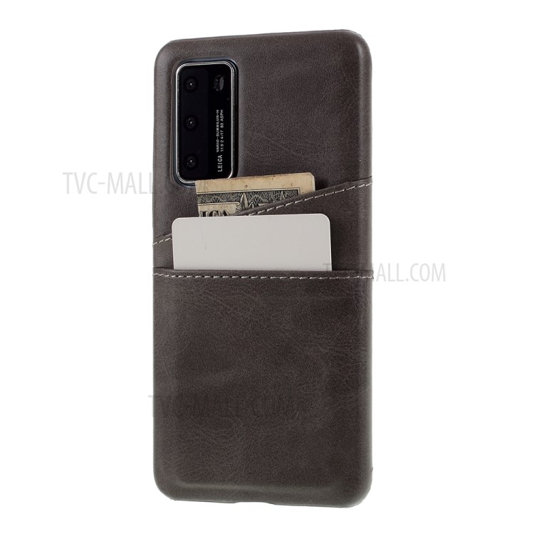 Double Card Slots PU Leather Coated PC Shell Case for Huawei P40 - Grey-2