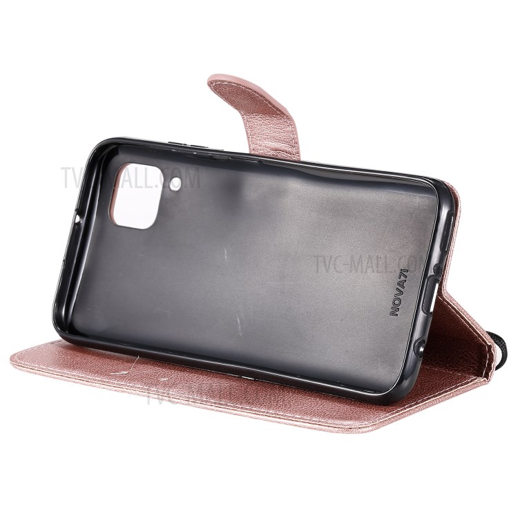 Solid Color PU Leather Case Phone Flip Cover with Strap for Huawei P40 lite/nova 6 SE/Nova 7i - Rose Gold-8