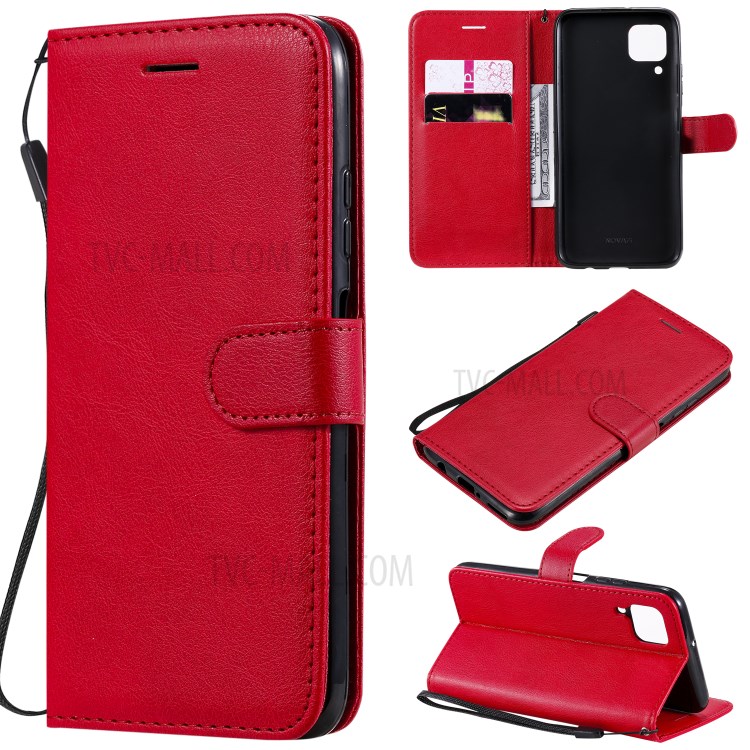 Solid Color PU Leather Case Phone Flip Cover with Strap for Huawei P40 lite/nova 6 SE/Nova 7i - Red-1