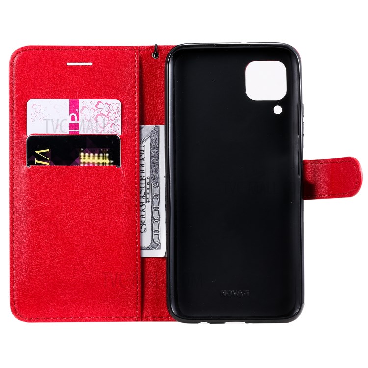 Solid Color PU Leather Case Phone Flip Cover with Strap for Huawei P40 lite/nova 6 SE/Nova 7i - Red-4