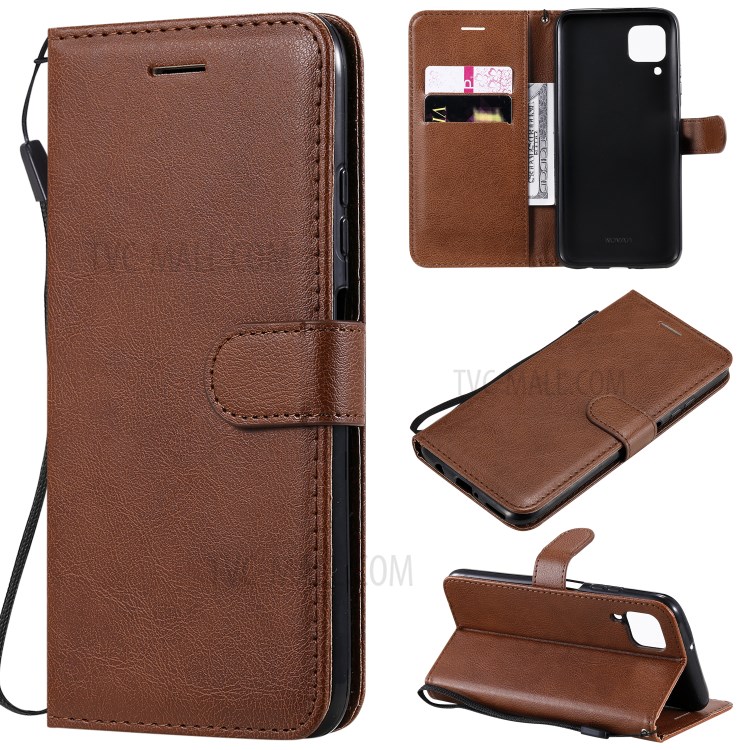 Solid Color PU Leather Case Phone Flip Cover with Strap for Huawei P40 lite/nova 6 SE/Nova 7i - Brown-1