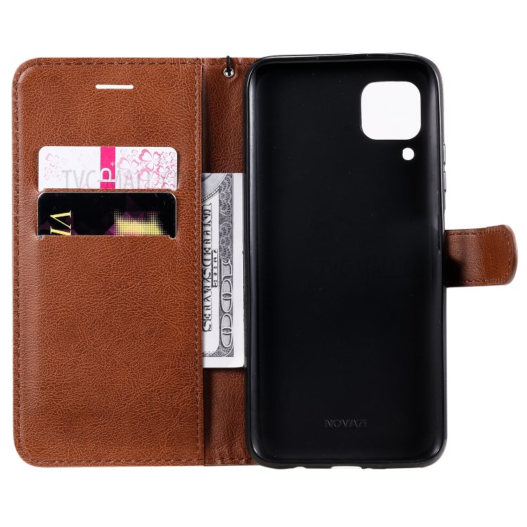 Solid Color PU Leather Case Phone Flip Cover with Strap for Huawei P40 lite/nova 6 SE/Nova 7i - Brown-4