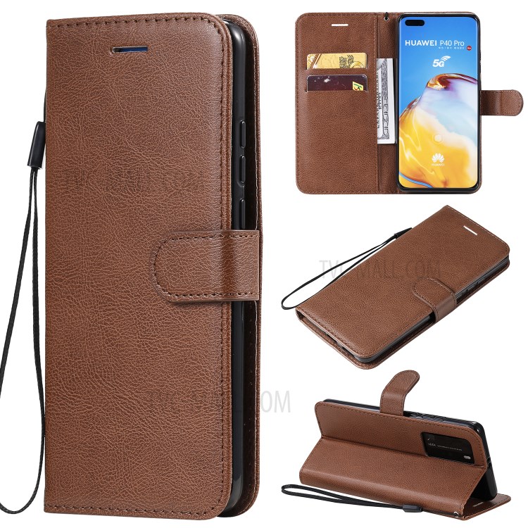 PU Leather Wallet Stand Case for Huawei P40 Pro - Brown-1
