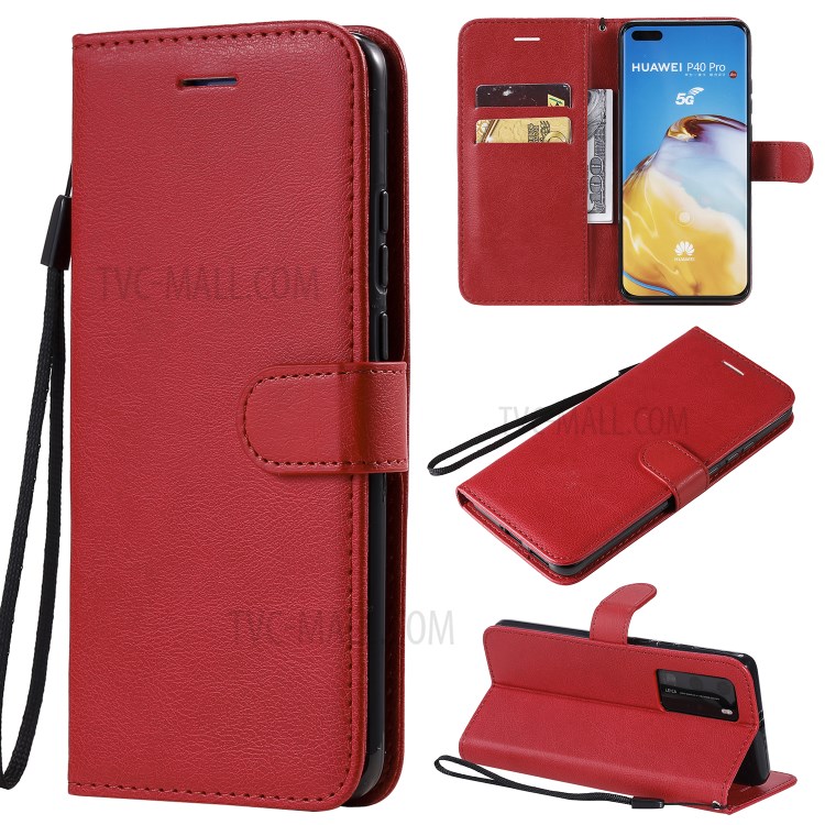 PU Leather Wallet Stand Case for Huawei P40 Pro - Red-1