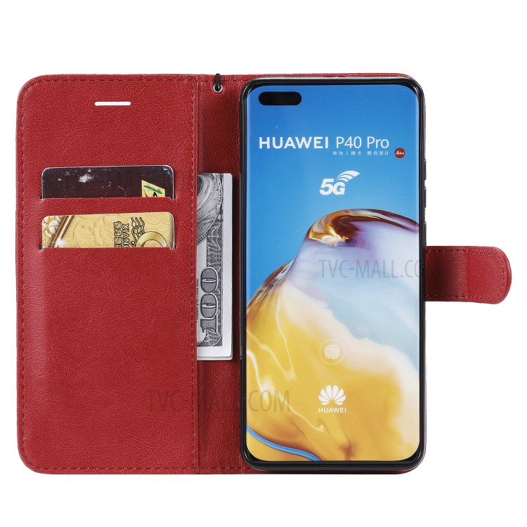 PU Leather Wallet Stand Case for Huawei P40 Pro - Red-4
