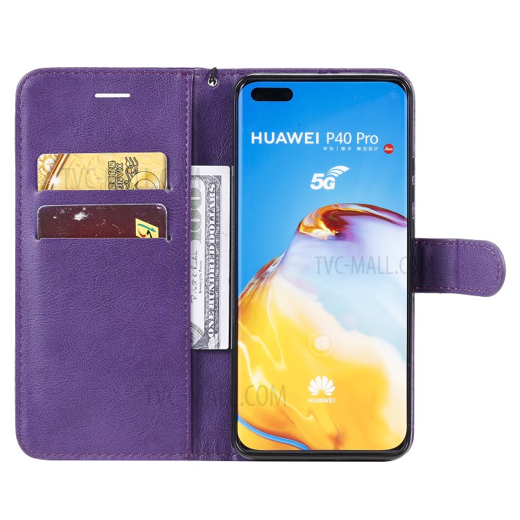 PU Leather Wallet Stand Case for Huawei P40 Pro - Purple-4
