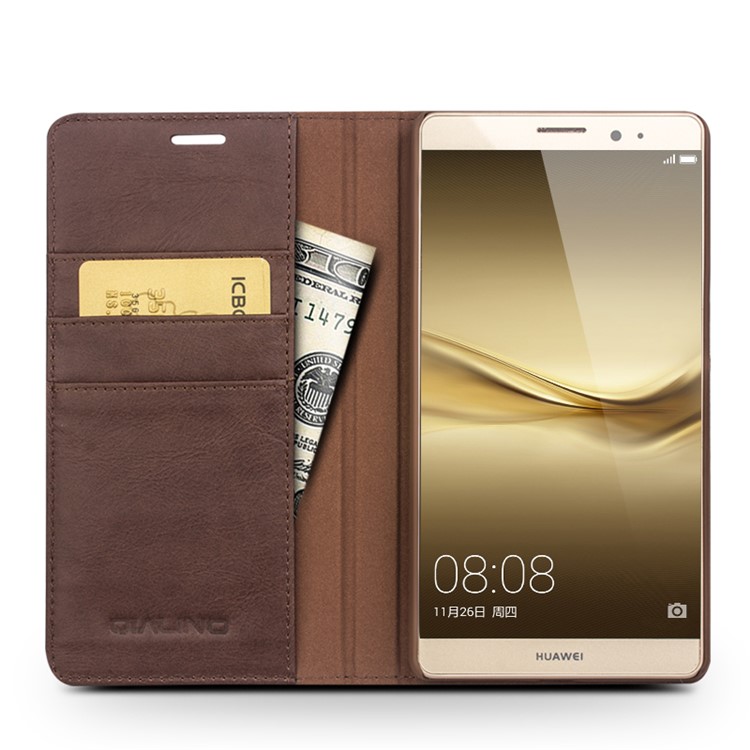 QIALINO Western Style Genuine Leather Stand Case for Huawei Mate 8 - Dark Brown-3