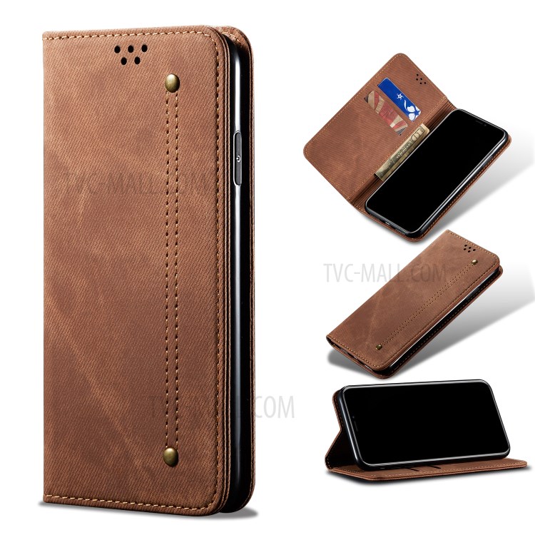Retro Style Jeans Cloth Leather Case Wallet for Huawei P40 lite/nova 6 SE/Nova 7i - Brown