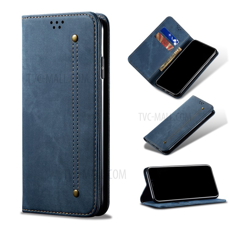 Jeans Cloth Leather Wallet Protective Phone Shell for Huawei P40 Pro - Blue