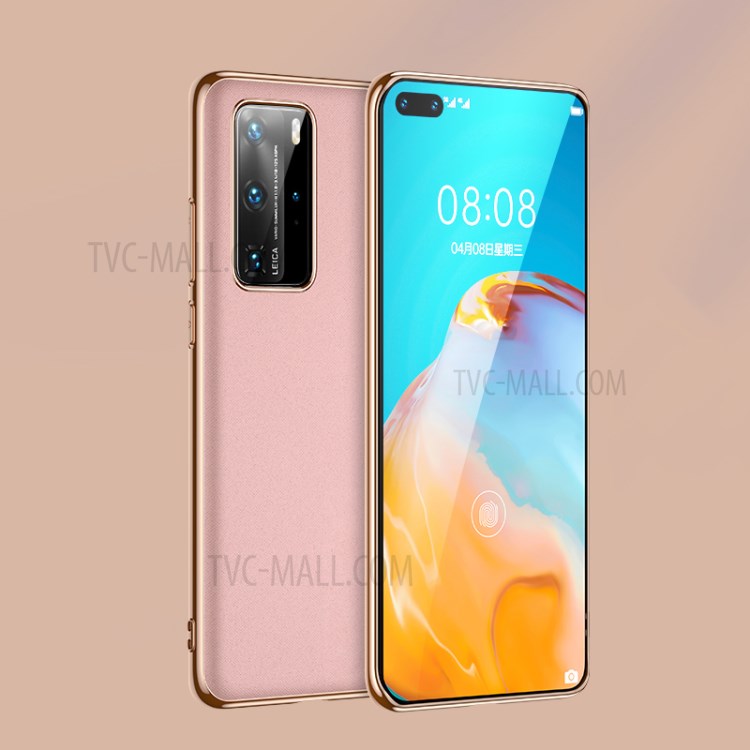 Slim Electroplating Edge PU Leather Skin PC + TPU Hybrid Phone Case for Huawei P40 Pro - Gold