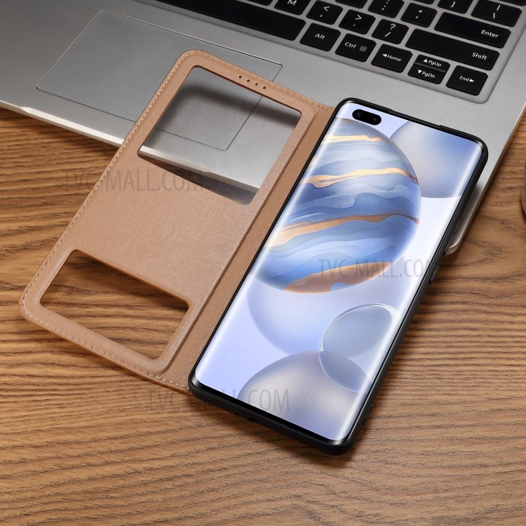 Dual Window Genuine Leather Cell Phone Cover with Stand for Honor 30 Pro - Brown-10