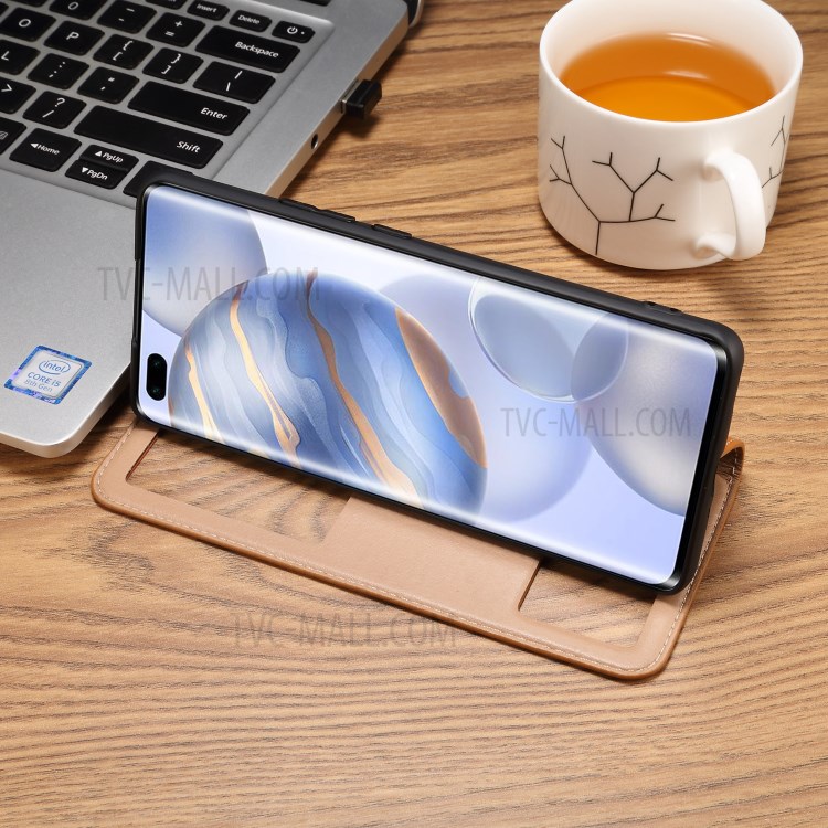 Dual Window Genuine Leather Cell Phone Cover with Stand for Honor 30 Pro - Brown-11